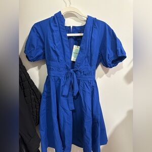 Blue Puff Sleeve Dress with Bow